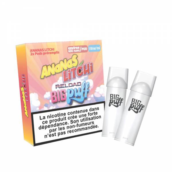 BIG PUFF Reload - Pack de 2 Cartouches 2 ml 600 Puffs-10 mg-Ananas Litchi-VAPEVO