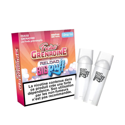 BIG PUFF Reload - Pack de 2 Cartouches 2 ml 600 Puffs-10 mg-Fraise Grenadine-VAPEVO