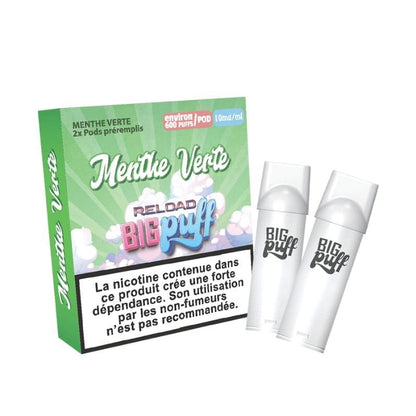 BIG PUFF Reload - Pack de 2 Cartouches 2 ml 600 Puffs-10 mg-Menthe Verte-VAPEVO