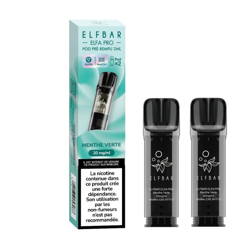 ELFBAR ELFA Pro - Pack de 2 Cartouches 2ml 600 Puffs-0 mg-Menthe Verte-VAPEVO