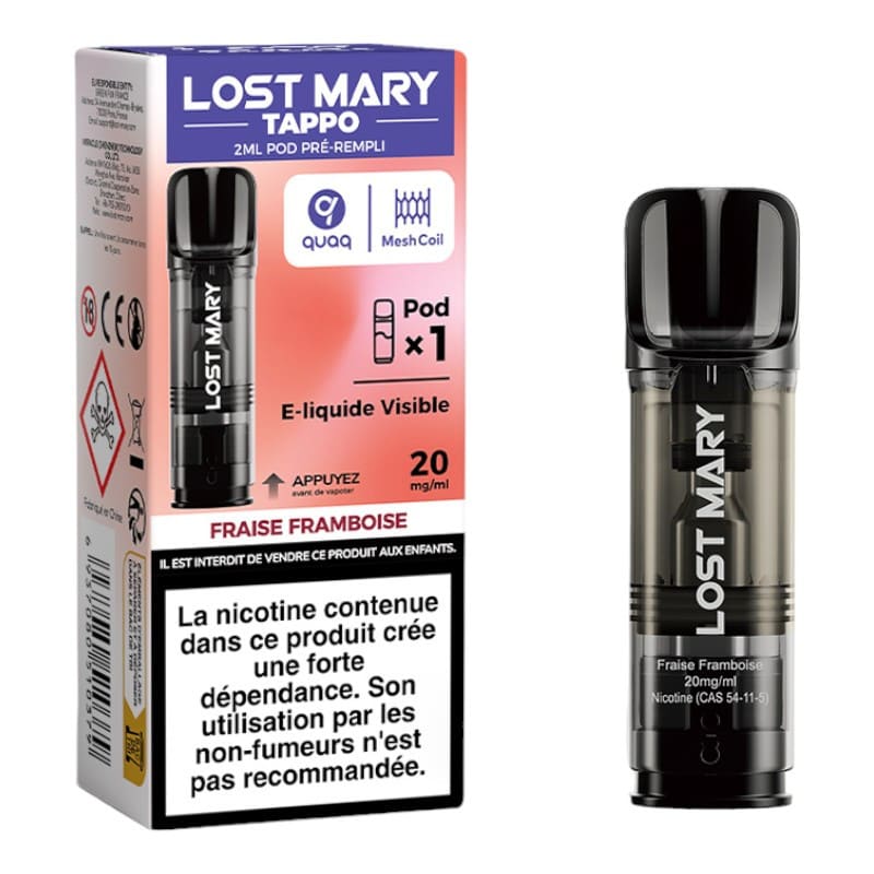 LOST MARY Tappo - Pack de 2 Cartouches 2ml 600 Puffs-20 mg-Fraise Framboise-VAPEVO